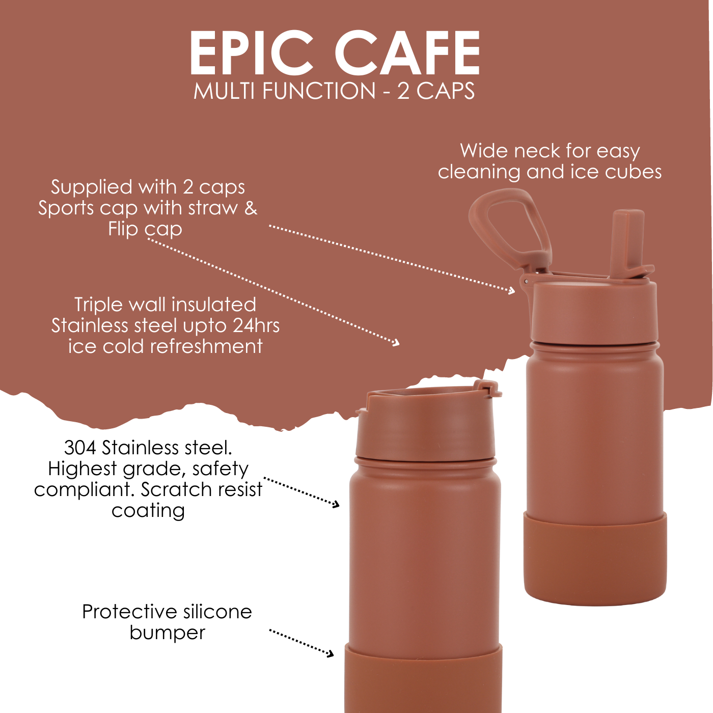 Mocha Brown Water Bottle, Reusable Stainless Steel