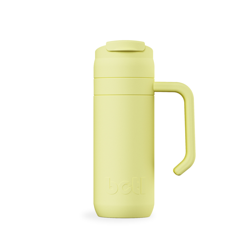 400ml Brew Flask - Reusable insulated leakproof cup with handle and carry strap - Banana